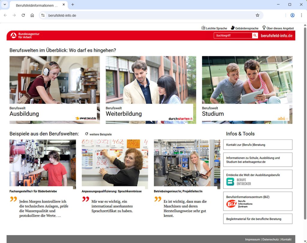 Startseite der Website Berufsfeld-info.de der Bundesagentur für Arbeit, erstellt von Meramo Verlag GmbH